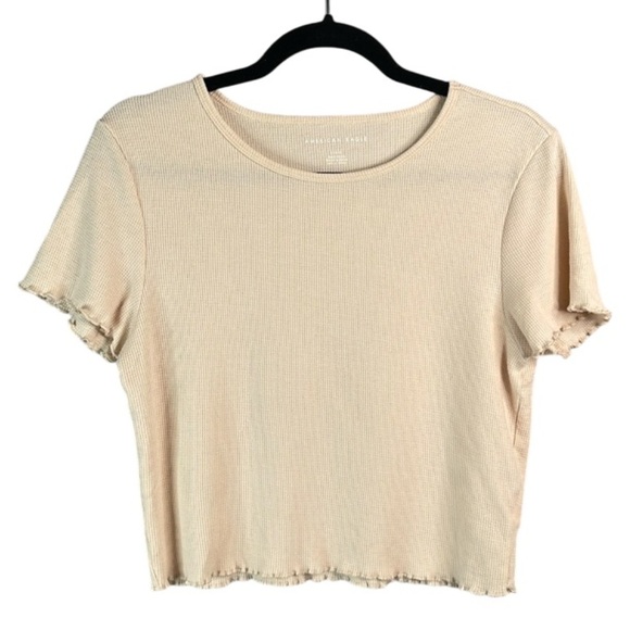 AMERICAN EAGLE Waffle Knit T-Shirt Nude Lettuce Hem Short Sleeves Crewneck L - Picture 2 of 11